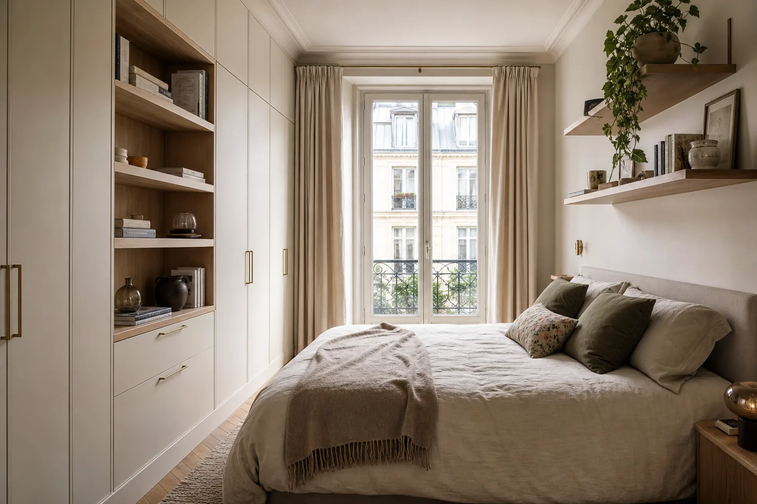 Rangements muraux sur mesure et étagères flottantes dans une petite chambre Rangements muraux sur mesure et étagères flottantes dans une petite chambre