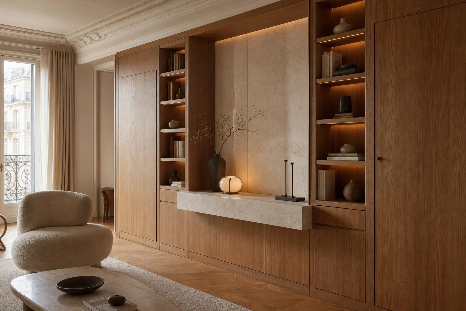 Menuiserie sur mesure en bois et pierre dans un intérieur parisien haut de gamme