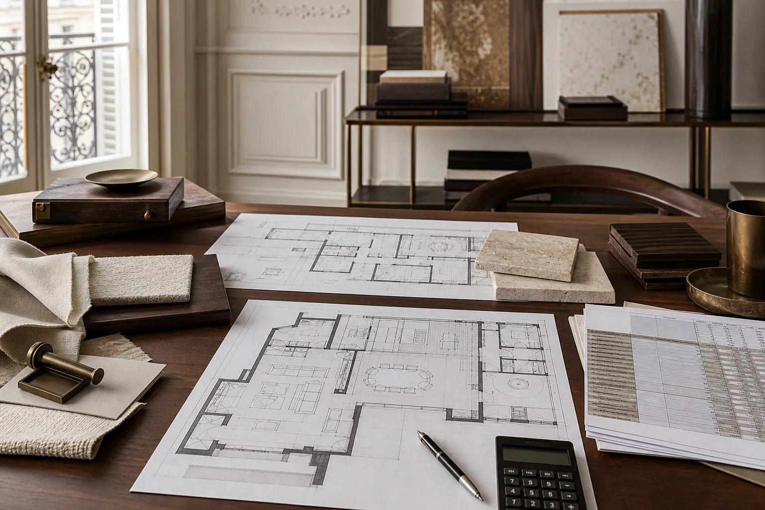 Plans d’architecture, calculatrice et échantillons pour préparer le budget d’une rénovation haut de gamme Plans d’architecture, calculatrice et échantillons pour préparer le budget d’une rénovation haut de gamme