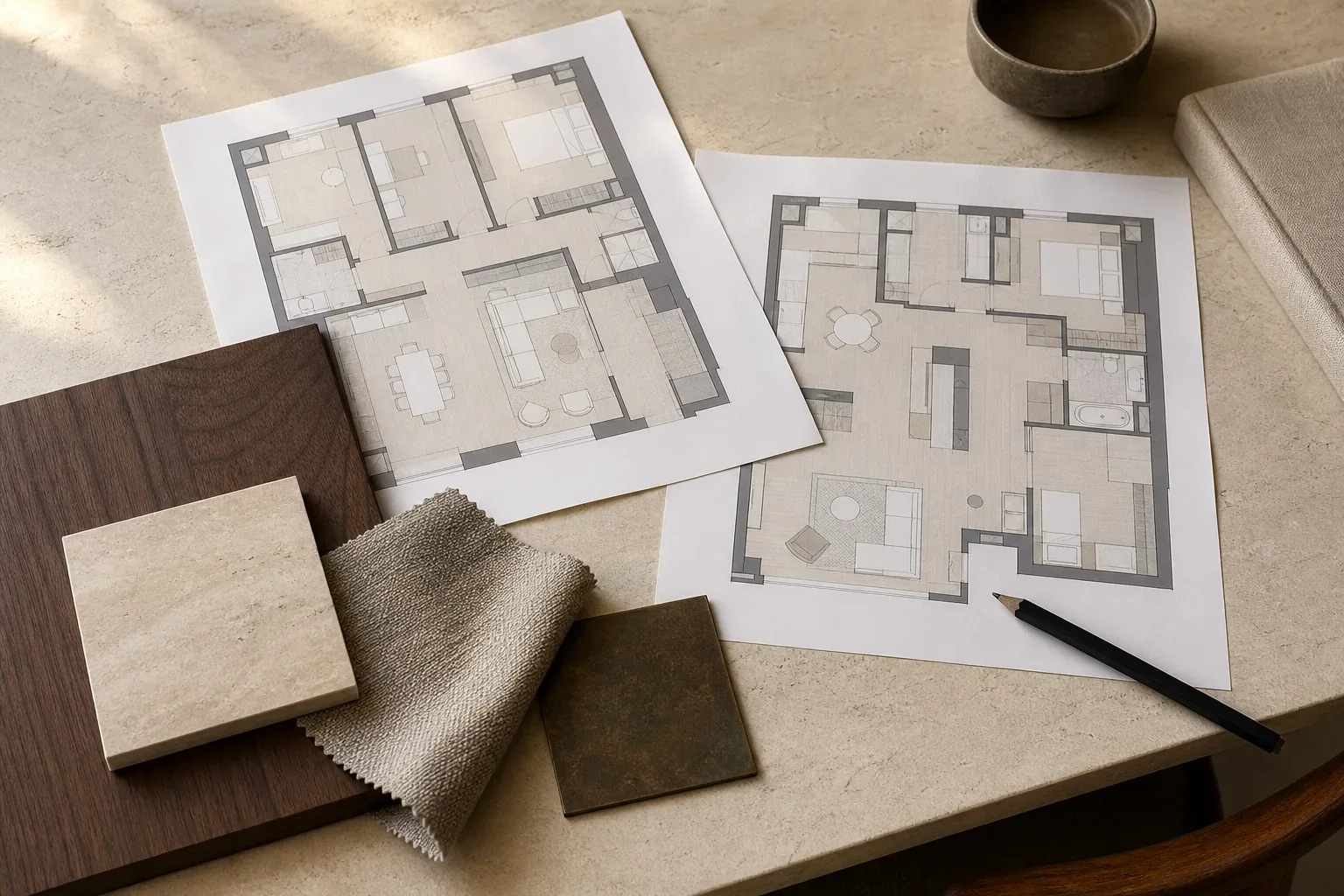 Plan d’aménagement et échantillons de matériaux pour évaluer le potentiel d’un appartement Plan d’aménagement et échantillons de matériaux pour évaluer le potentiel d’un appartement