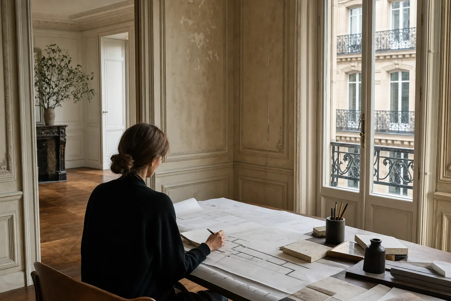 Architecte étudiant les plans d’un appartement parisien à rénover avant son acquisition Architecte étudiant les plans d’un appartement parisien à rénover avant son acquisition