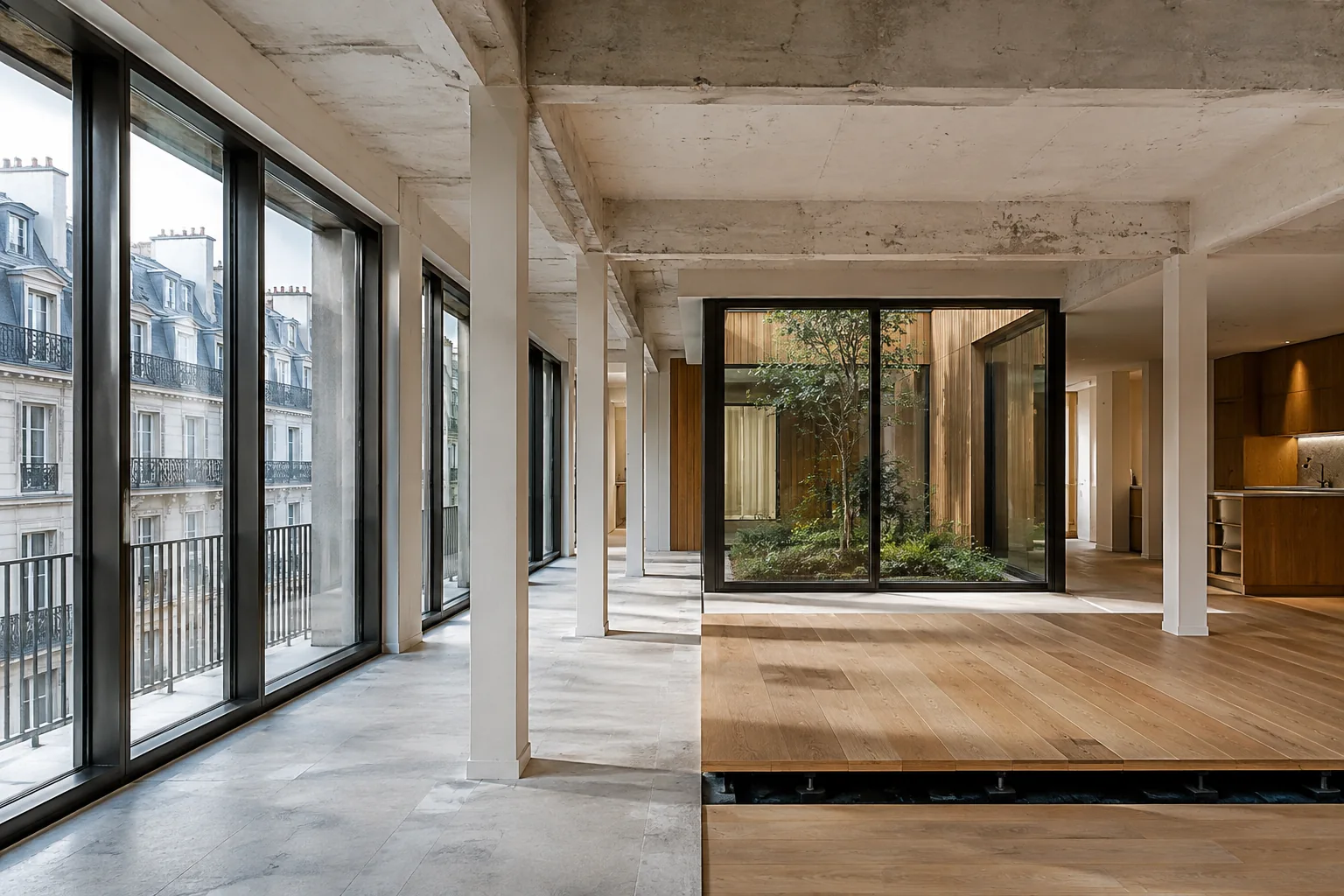 Plateau de bureaux parisien transformé en logements autour d’un patio lumineux Plateau de bureaux parisien transformé en logements autour d’un patio lumineux