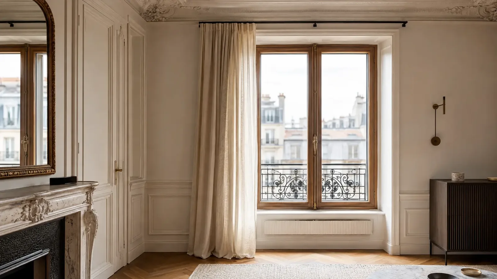 Fenêtre en bois intégrée dans un appartement haussmannien rénové à Paris Fenêtre en bois intégrée dans un appartement haussmannien rénové à Paris