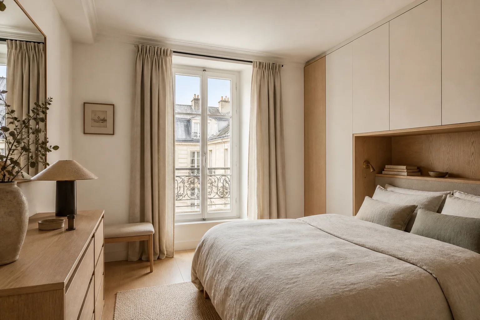 Petite chambre parisienne lumineuse aux couleurs claires et au mobilier en chêne Petite chambre parisienne lumineuse aux couleurs claires et au mobilier en chêne