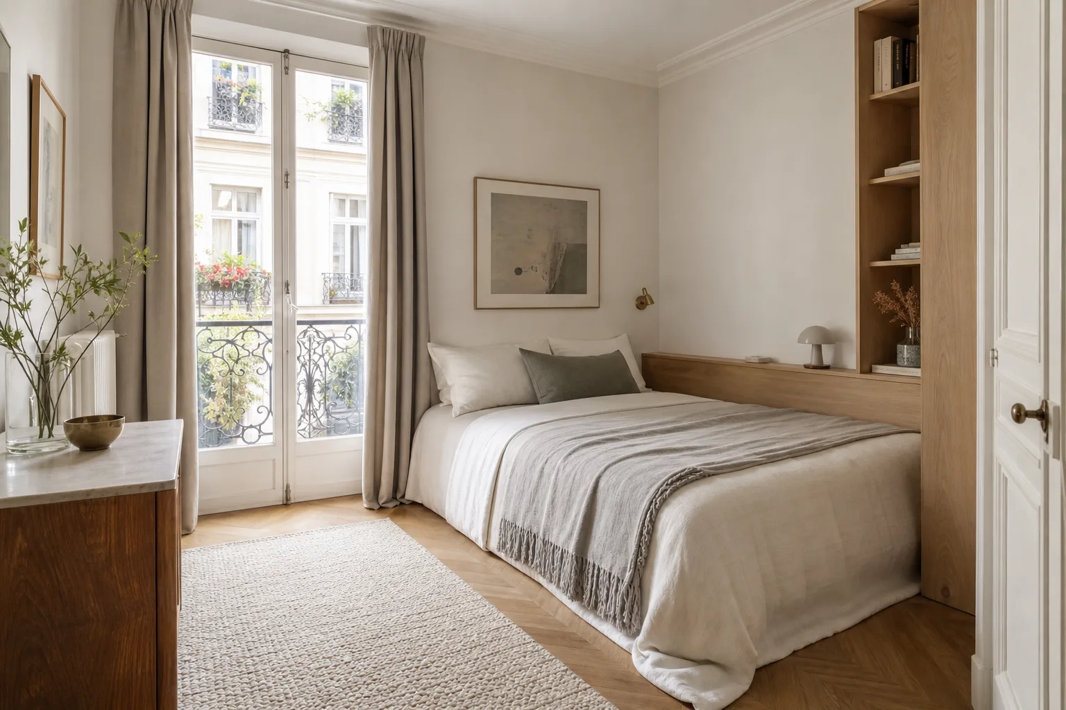 Lit placé dans un angle pour optimiser la circulation dans une petite chambre Lit placé dans un angle pour optimiser la circulation dans une petite chambre