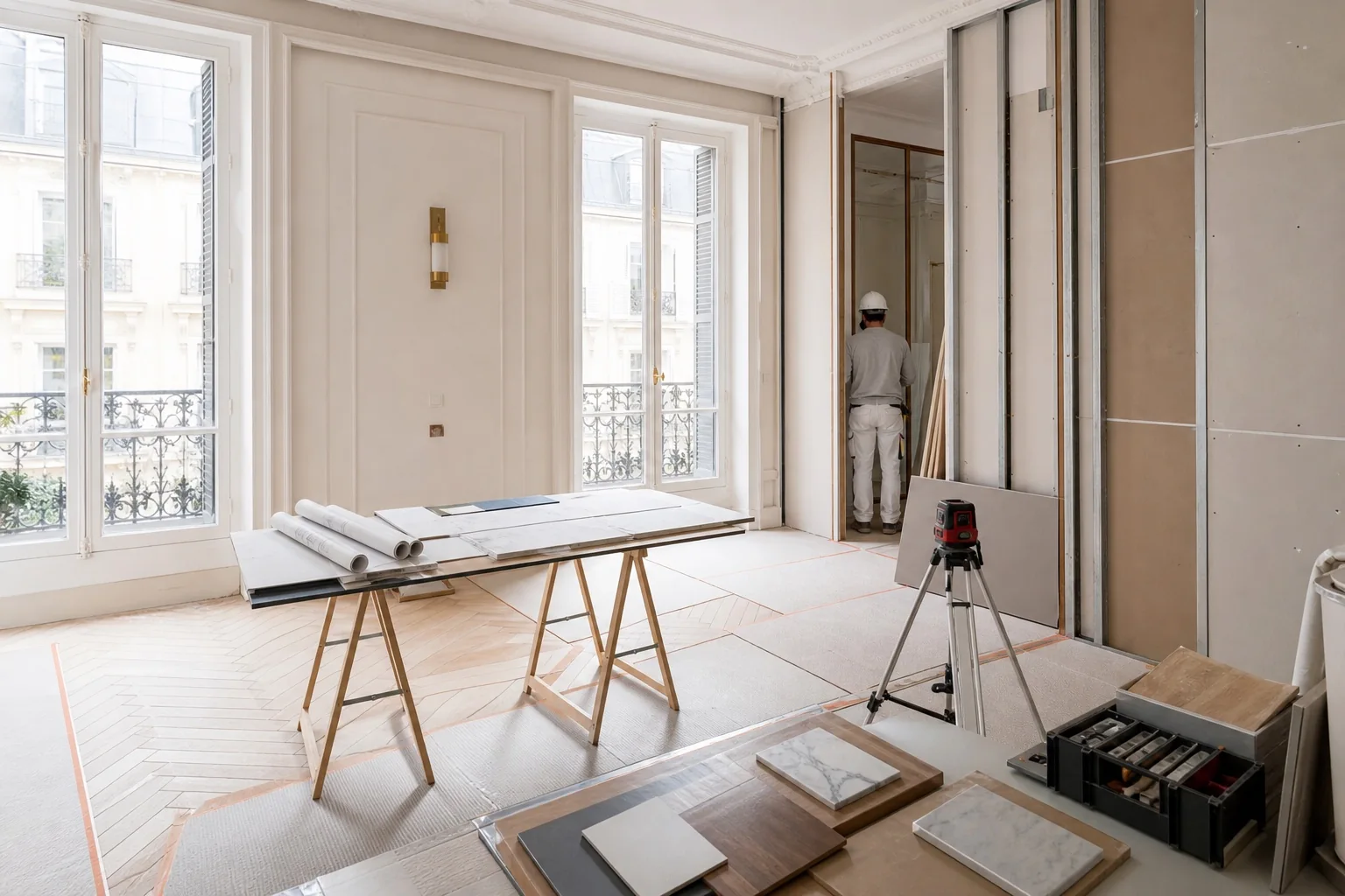 Chantier organisé de rénovation d’un appartement parisien avec plans et finitions haut de gamme