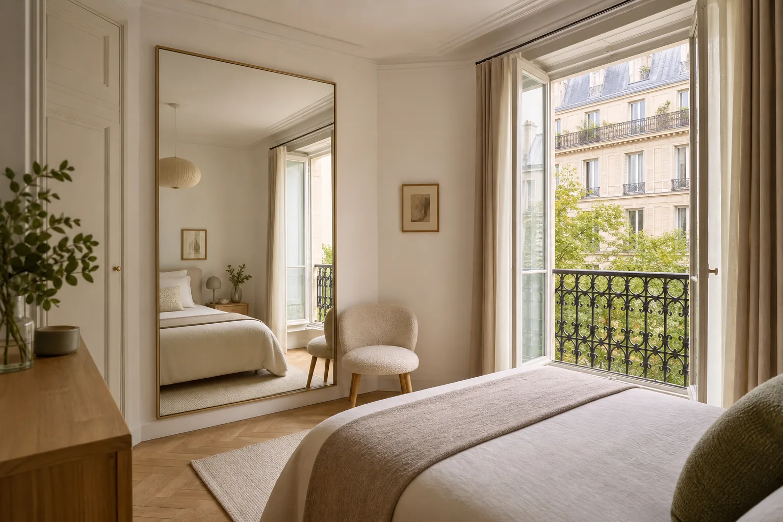 Grand miroir reflétant la lumière dans une petite chambre parisienne Grand miroir reflétant la lumière dans une petite chambre parisienne