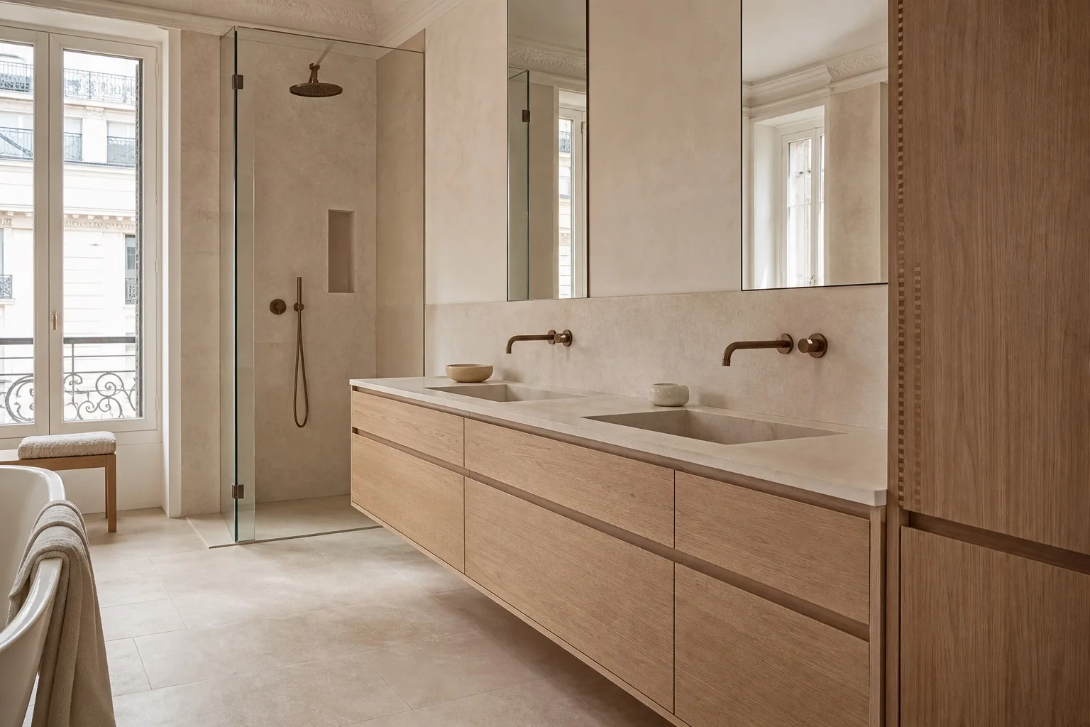 Salle de bains haut de gamme en pierre et bois dans un appartement parisien rénové