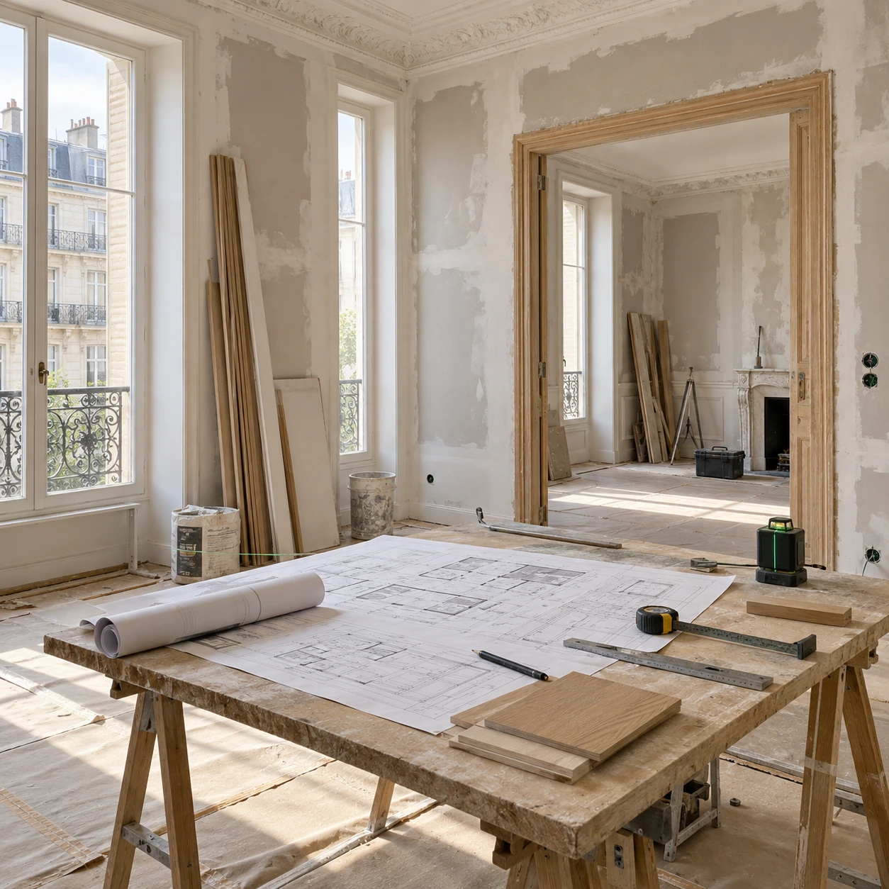 Intérieur en rénovation, plans sur établi et instruments de mesure