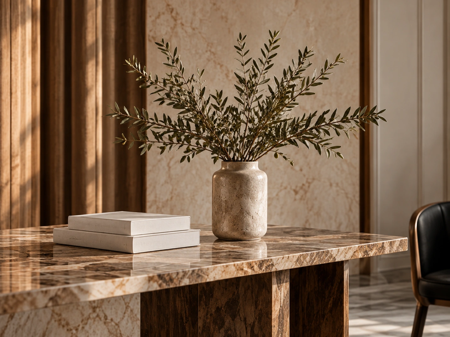 Vase aux branches d’olivier, livres et table en marbre